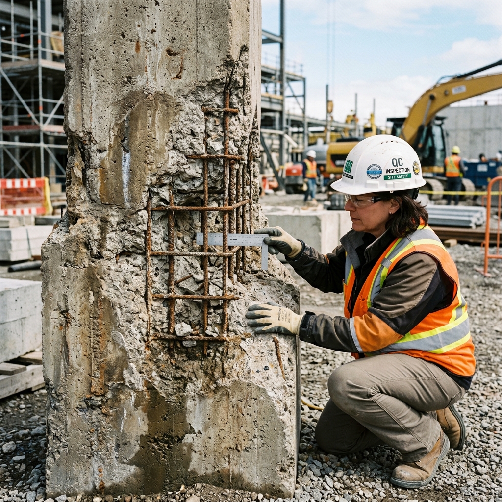 Engenheiro inspecionando recuperação de concreto em pátio industrial da CMIL